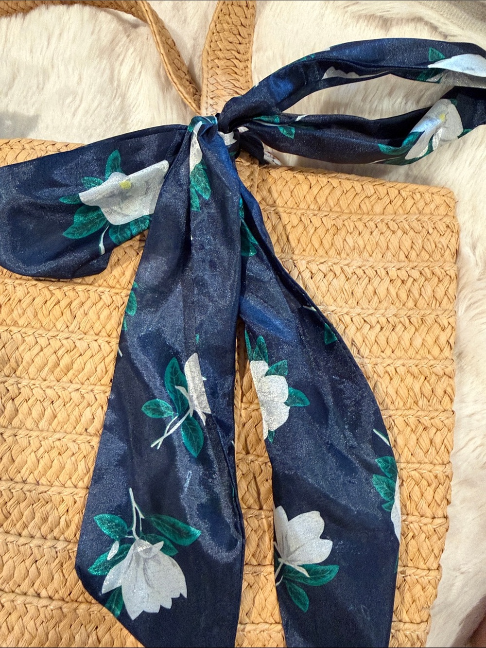 Draper James Tan Straw Tote with Navy Floral Scarf Accent - Picture 3 of 4